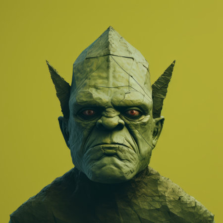 imposing monster with big eyes and red nose, a 3d model in the style of cross-processed, monochromatic minimalist portraits. the monster features a dark yellow and light green color scheme, inspired by raw materials and superheroes. its design is sharp and angular, drawing inspiration from geometry. ai generatedの素材