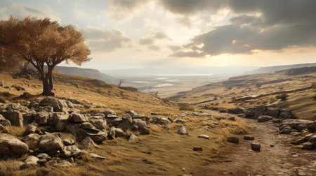 a stunning photograph capturing a rock formation and tree amidst a serene valley. this image showcases the beauty of desolate landscapes with soft, atmospheric lighting. it evokes the essence of traditional british landscapes, reminiscent of delicately rendered landscapes in the style of whistlerian art. the 32k uhd resolution enhances the golden light and brings out the intricate details of this captivating scene. ai generatedの素材