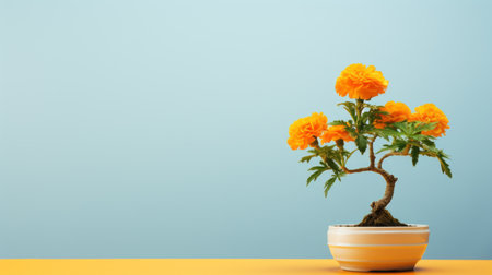 a vibrant yellow and orange tulip plant stands out against a tan background on a yellow table. the composition is reminiscent of traditional chinese landscapes, with hints of orange and cyan. the minimalist backgrounds enhance the focus on the tulip, while elements like magewave, miniature sculptures, dark azure, and orange add intriguing and mind-bending patterns to the overall aesthetic. ai generatedの素材