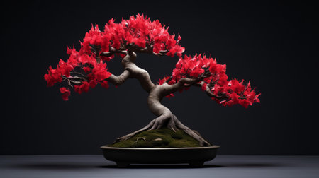 fiery red tree in ceramic pot, set against a black background, showcases the artistry of cherry blossoms in this sculpture-based photography. the highly detailed figures and balanced proportions create a graceful balance, enhanced by the high-contrast shading. ai generatedの素材