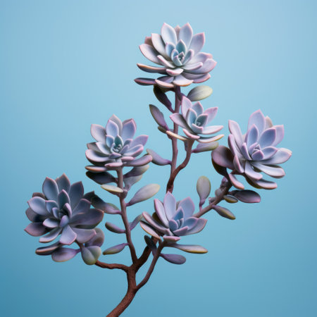a 3d rendered succulent plant featuring a dark sky-blue and light purple color scheme. this sculptural paper construction draws inspiration from delicate floral studies, large-scale photography, and surreal animal hybrids. influenced by ancient chinese art, the plant showcases twisted branches for a unique and captivating aesthetic. ai generatedの素材