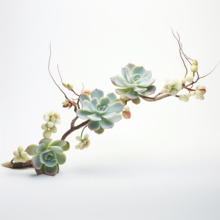 bonsai flower branch captured in a surrealism-inspired style, showcasing soft and airy compositions. the photograph utilizes schlieren photography technique to create a unique visual effect. the image features floral motifs with a balanced asymmetry, presenting a realistic still life. the sharp and prickly details add an intriguing element to the overall composition. ai generatedの素材