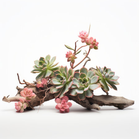 a pair of succulent plants, in the style of mori kei, sit on a natural reclaimed wood. the twisted branches add a unique touch to the floral still-lifes. the light brown and pink colors create a visually pleasing contrast. this site-specific arrangement gives off a taxidermy vibe. this associated press photo captures the beauty of nature and artistry. ai generatedの素材