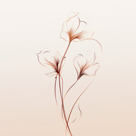 a floral bouquet, featuring orange and bronze hues, is showcased on a pale beige background. the design embodies flowing silhouettes, delicate curves, and fine lines, creating a minimalist yet romantic aesthetic. with a touch of transparency and lightness, this illustration captures the essence of simplicity and realism. ai generatedの素材