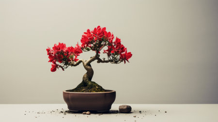 a bonsai tree, influenced by precisionism, stands on a gray background. its vibrant red and crimson colors exude an unpolished authenticity. this captivating tabletop photography captures the essence of flower power and abrasive authenticity. a contest winner, this image showcases the beauty and artistry of bonsai cultivation. ai generatedの素材