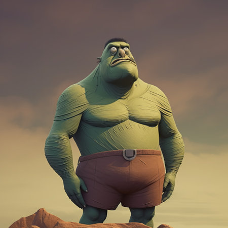 the incredible hulk, depicted in a cartoon realism style rendered in cinema4d, stands atop a desert landscape. this emotionally charged portrait showcases the brooding mood of the character, with brushwork exploration adding depth to the grotesque features. the bombacore essence of the scene intensifies the overall impact. ai generatedの素材