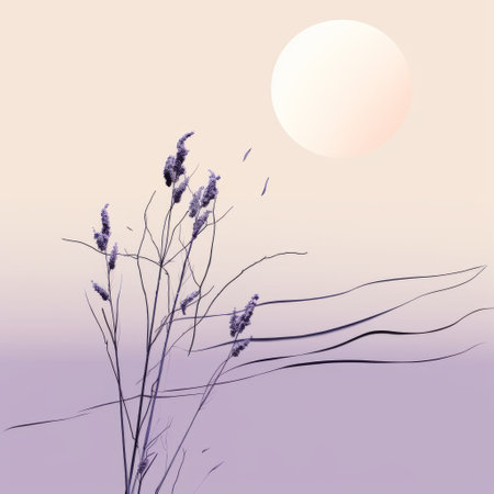 sunset over a lavender flower field captured in a mesmerizing photo art vector illustration. this artwork embodies the essence of zen-like tranquility with its minimalistic drawings and delicate still-lifes. the smokey background adds a touch of mystery, while the graphic arrangements and organic contours pay homage to the renowned artist xu beihong. ai generatedの素材