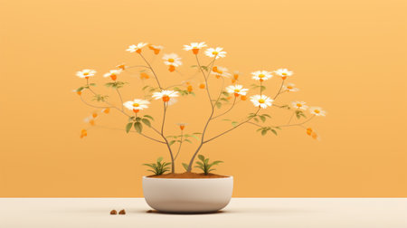 a 3d model of a potted plant with white and yellow flowers in front, accompanied by text. the design is inspired by the classic japanese simplicity, featuring light orange and brown tones. the image showcases dynamic still lifes in a dreamlike illustration, with a monochromatic harmony reminiscent of traditional vietnamese art. the resolution is 3840x2160. ai generatedの素材