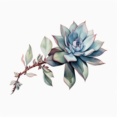 succulent watercolor floral design illustration featuring a hyperrealistic composition. the style incorporates light maroon and dark azure colors, with hints of light green and light azure. classic tattoo motifs are incorporated into the minimalist illustrator's work, creating layered imagery with subtle irony. the illustration also showcases hyperrealistic fauna elements. ai generatedの素材