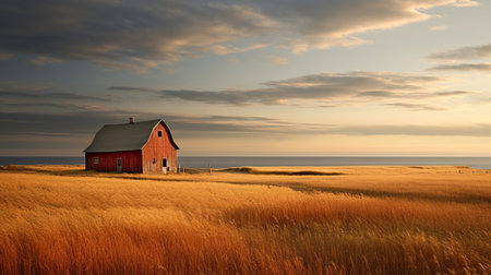 a red barn stands proudly in the windswept country, captured by alexander kasper in the style of a national geographic photo. the calm seas and skies provide a serene backdrop, with hues of light orange and dark gold adding to the spectacular scenery. this prairiecore image, with a resolution of 3840x2160, exudes a sense of serene simplicity. ai generatedの素材