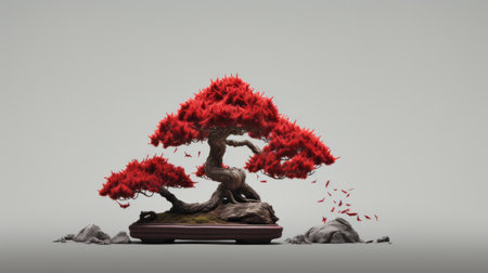 the red bonsai tree in the background is a stunning example of a hyperrealistic illustration. rendered in cinema4d, this artwork showcases intricate leaf patterns and graceful sculptures. the wood texture and flowing brushwork add a touch of elegance to this classic still-life composition. ai generatedの素材
