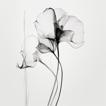 a black and white flower, isolated on a white background, is depicted in an artful manner. the style of the photo resembles translucent overlapping, with earthy organic shapes. the artist, olivier valsecchi, skillfully juxtaposes hard and soft lines, creating flowing silhouettes. the image has been digitally enhanced, resulting in a matte finish. ai generatedの素材