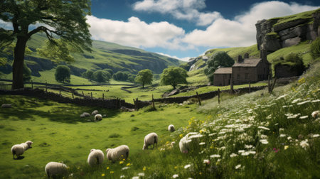 a picturesque countryside scene captured in stunning detail, featuring a flock of sheep peacefully grazing and growing. this rendered image, created in unreal engine, showcases the talent of artists like tom chambers, paul catherall, and paul barson. the background elements are intricately detailed, with mountainous vistas adding to the overall beauty of the composition. ai generatedの素材