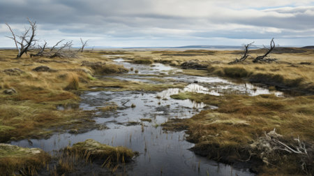 a small creek gracefully winds its way through the lush green grass, creating a serene and picturesque scene reminiscent of atmospheric seascapes. captured with the carl zeiss distagon t 15mm f/2.8 ze lens, this ultra-high-definition image showcases the beauty of scottish landscapes. the composition evokes the artistic style of land artists and hints at post-apocalyptic imagery, making it a captivating national geographic-worthy photo. ai generatedの素材