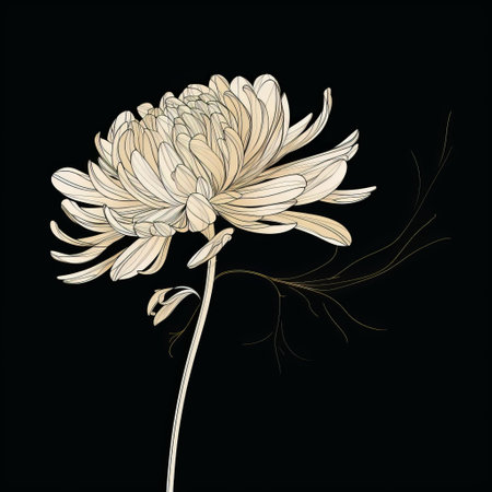 chrysanthemum flower illustration on a black background, featuring light black and beige tones. the artwork is created in the style of darkly romantic illustrations by kanzan shimomura. the visually poetic and art nouveau-inspired illustration showcases elegant outlines, adding a touch of romance to any setting. ai generatedの素材