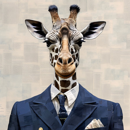 a giraffe wearing a shirt stands out in this surreal portrait. the elegantly formal style of the digital collage showcases the giraffe's unique presence. the light navy and navy tones add depth to the realistic portraiture, while the detailed costumes enhance the classicist aesthetic of the overall composition. ai generatedの素材