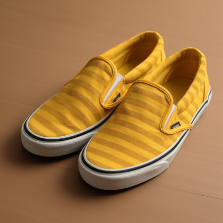 vans classic slip-on shoes featuring dark yellow and dark blue stripes on top. this photo, inspired by shotaro ishinomori, showcases meticulous photorealistic still lifes with monochromatic depth. the composition captures a sense of heatwave with dynamic zigzags, reminiscent of naoki urasawa's style. ai generatedの素材
