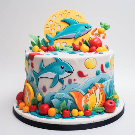 a photo of a vibrant and detailed birthday cake featuring dolphins and fruit cake, designed in the style of pop art-inspired colors and imagery. the cake showcases intricate compositions with smooth lines, bold primary colors such as light white and dark aquamarine. this polychrome terracotta cake is captured beautifully with an iso of 200. ai generatedの素材