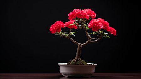 rhododendron bush blossoms on a brown wooden table, showcasing chinese cultural themes. the black background enhances the vibrant red hues of the flowers. captured with a konica big mini camera, this photo exhibits innovating techniques, such as rim light, to create a visually striking composition. the functional aesthetics of the setup add to the overall appeal of the image. ai generatedの素材