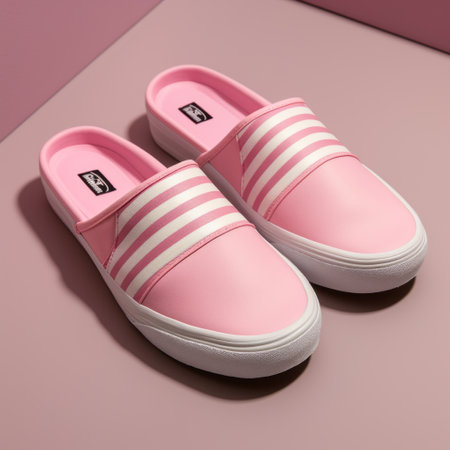 pink and white shoes, inspired by the artistic styles of mike campau and bart sears, are showcased against a vibrant pink background. the composition features layered lines, creating a visually striking effect. with elements of sandalpunk and striped patterns, the shoes stand out in stark contrast. the overall aesthetic is reminiscent of poured paint, adding an intriguing touch to the image. ai generatedの素材