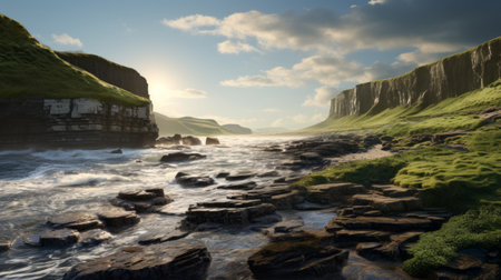 rocky water and cliffs in the ocean, rendered in the style of unreal engine, showcasing traditional british landscapes. this uhd image by greg olsen captures the soft light and impressive skies, while incorporating the artistic touch of lucy glendinning. ai generatedの素材