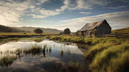 a wooden dwelling in the countryside, showcasing sparkling water reflections and surrounded by the captivating beauty of scottish landscapes. this national geographic photo captures the essence of cowboy imagery and california plein air, with atmospheric and moody lighting adding to the panoramic allure of the scene. ai generatedの素材