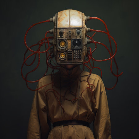 a person in a suit wearing a red wired piece, captured in a vintage sepia-toned photograph by steffen steckenberger. the image showcases a unique blend of otherworldly creatures, robotic motifs, and lovecraftian elements. symbolic props add depth to the composition, creating a captivating visual narrative reminiscent of national geographic photography. ai generatedの素材