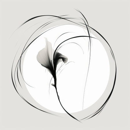 a black and white digital abstraction painting of a flower with leaves in a circular arrangement. the artwork showcases graceful curves and soft atmospheric light, exuding a sense of calligraphic elegance. the open form and flowing draperies create a minimalistic composition that captures the essence of the subject. ai generatedの素材