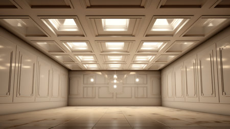 an empty hallway with luxurious geometry and realistic yet stylized lighting. the intricate woodwork and depictions of theater add an elegant touch to the light beige surroundings. the hallway's intricate ceiling designs are beautifully highlighted by the studio light, creating a captivating atmosphere. ai generatedの素材