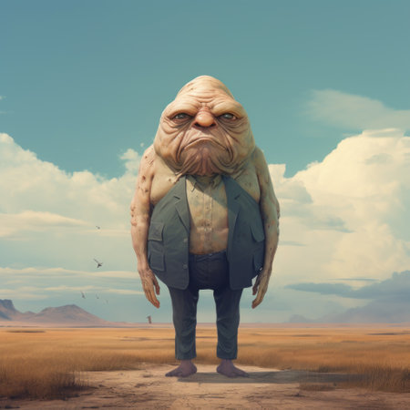 the artwork depicts a whimsical landscape with grotesque characters, inspired by the styles of george lucas and john wilhelm. the characters are portrayed in a full-body format, with a color palette dominated by sky-blue and beige tones. ai generatedの素材