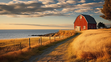 a red barn stands prominently against a vibrant sunset backdrop in the peaceful countryside. this national geographic photo captures the essence of serene maritime themes, reminiscent of michael ancher's artwork. the light brown and silver tones add to the tranquility of the scene, evoking lively coastal landscapes and serene oceanic vistas. ai generatedの素材