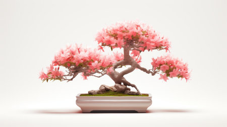 the large bonsai tree, rendered in a hyperrealistic style, features a white trunk adorned with a delicate pink flower. the meticulous attention to detail and use of traditional techniques create a stunning photorealistic still life. the image showcases a soft-focus technique, with a color palette of light red and light cyan, resulting in a high-resolution masterpiece. ai generatedの素材