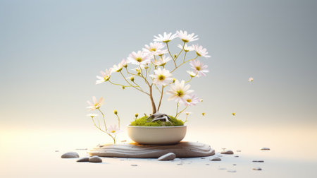 white flowers bloom on a stone ground in this whimsical illustration by nicolas rosn. rendered in cinema4d, the artwork showcases a minimalistic japanese style with a serene and dreamlike atmosphere. the light pink and yellow hues of the flowers create a visually pleasing contrast against the stone backdrop. this piece embodies the essence of oriental minimalism and utilizes focus stacking techniques. ai generatedの素材