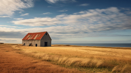 old barn in a wide field surrounded by sea, showcasing golden hues, light indigo, and red. this goosepunk and prairiecore style national geographic photo captures the lively coastal landscapes and romantic seascapes. ai generatedの素材