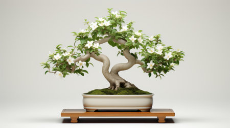 a white orchid with delicate white blossoms is showcased in this bonsai, captured in the style of physically based rendering. this associated press photo highlights the intertwining materials and meticulous design of the bonsai, reflecting environmental awareness. the use of bentwood adds an artistic touch to this visually stunning image. ai generatedの素材