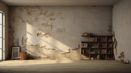 the photo showcases a room with distressed and weathered surfaces, featuring a literary excavation theme. the vray tracing technique enhances the photo-realistic still life, with a combination of light beige and orange tones. the masonry construction adds to the overall aesthetic of the room. ai generatedの素材