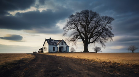 an old house stands on a dirt road, its weathered facade contrasting against the approaching storm. this uhd image captures the shadowy stillness, with twisted branches adding to the eerie atmosphere. reminiscent of a national geographic or associated press photo, the scene is bathed in white and indigo hues, evoking a cold and detached ambiance. ai generatedの素材