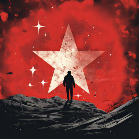 the movie poster for "the star" showcases a captivating artwork in the style of jeff lemire. with a dark silver and red color scheme, the poster features symbolic figurative landscapes and powerful political illustrations. digitally enhanced, the artwork creates a poignant and immersive cyclorama experience. ai generatedの素材