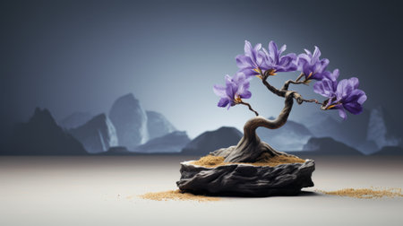 a small lily and irises are planted on a japanese rock, creating a minimalist and oriental scene. rendered in cinema4d by miki asai, this visually captivating image showcases purple and gray hues. the twisted branches add a touch of intrigue, while the composition evokes a narrative-driven storytelling reminiscent of the shang dynasty. ai generatedの素材