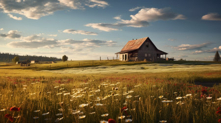 a little house nestled amidst a vibrant field of red poppies under a serene blue sky. this hazy romanticism-inspired image captures the essence of cowboy imagery with its muted colors and dramatic landscape. the use of vray tracing enhances the beauty of this 32k uhd photograph. ai generatedの素材