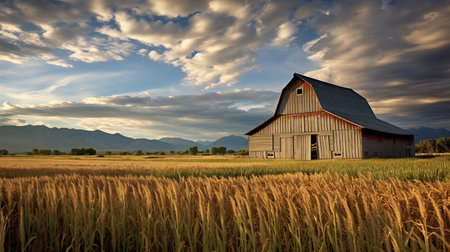 a white barn stands prominently in a vast field, surrounded by richly colored skies. this photograph captures the intricate details of the barn, showcasing its simplicity and elegance. the light navy and light brown hues add depth to the image, while the precisionism influence and whistlerian style create an atmospheric urbanscape. the combination of gray and gold tones further enhances the overall aesthetic. ai generatedの素材