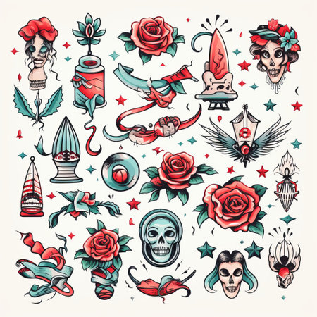 vintage illustration of kung fu tattoos, zombies, skulls, and roses, featuring light emerald and red colors. the design showcases decorative elements, quirky shapes, and classic tattoo motifs, exuding a naive charm. the pictorial space is filled with machine aesthetics, creating a unique and captivating composition. ai generatedの素材