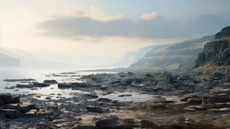 an ocean with small rocky crags is captured in this uhd image, reminiscent of the style rendered in unreal engine. the landscape, resembling the works of charles spencelayh and stephen shore, showcases the beauty of scottish landscapes. soft mist adds an ethereal touch to the scene, creating a captivating atmosphere. ai generatedの素材