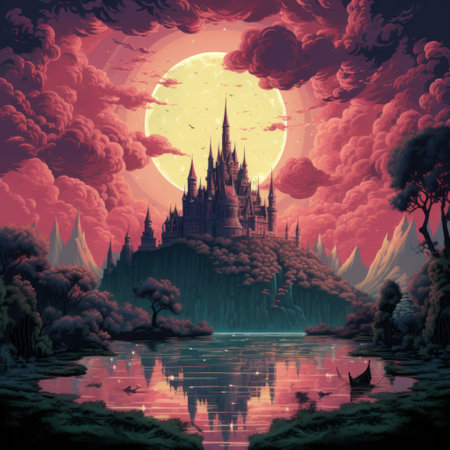 a dreamlike illustration of a neo-victorian castle in a water scene, with the sun reflecting on its detailed character design. the painting showcases a combination of dark pink and dark cyan hues, creating a captivating atmosphere. the highly detailed environments and the gigantic scale of the castle add depth to this mesmerizing illustration. ai generatedの素材