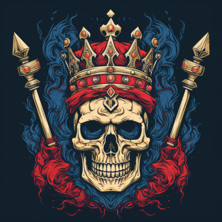 a highly detailed illustration of a skull wearing a crown and holding a sword, featuring layered colors in red and blue. the nightmarish and bold design showcases strong lines and a strong use of color. this intricate artwork, with its striking combination of elements, creates a visually captivating and intense image. ai generatedの素材