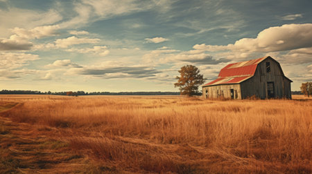 a brown field stretches into the distance, capturing the essence of southern gothic-inspired aesthetics. this uhd image showcases a cabincore vibe with its rustic scenes and rural life scenes. the light amber and red hues add a warm and inviting touch to the overall composition. ai generatedの素材