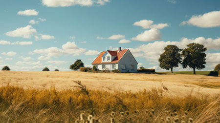 two houses and tall grass in a field, captured in the style of light amber and sky-blue hues. this uhd image showcases a 20th-century scandinavian aesthetic, with its everyday life charm and light-filled scenes. photographed by caras ionut, this picture beautifully portrays the serene beauty of rural landscapes. ai generatedの素材
