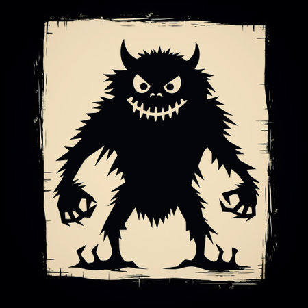 a vintage-style illustration featuring a ferocious monster with menacing teeth. the artwork showcases silhouette figures in light black and beige tones, with a focus on negative space. the large canvas highlights the primitive figurines and adds to the overall impact of the scary monster. ai generatedの素材
