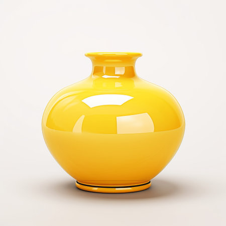 a dark colored vase, with a realistic and detailed rendering, showcases an oriental minimalism style. the vase is in a light yellow shade, giving it a shiny and glossy appearance. the sun-soaked colors add to its allure, while the rounded shape is accentuated by a soft-focus technique. ai generatedの素材