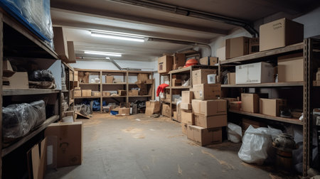 a messy warehouse filled with cardboard boxes, showcasing the unique style of an installation creator. the space is adorned with dark beige and red hues, evoking a cottagecore aesthetic. the artist, known for their expertise in object portraiture and auto body works, has created a non-representational scene. soft, atmospheric lighting adds to the overall ambiance of the photograph. ai generatedの素材